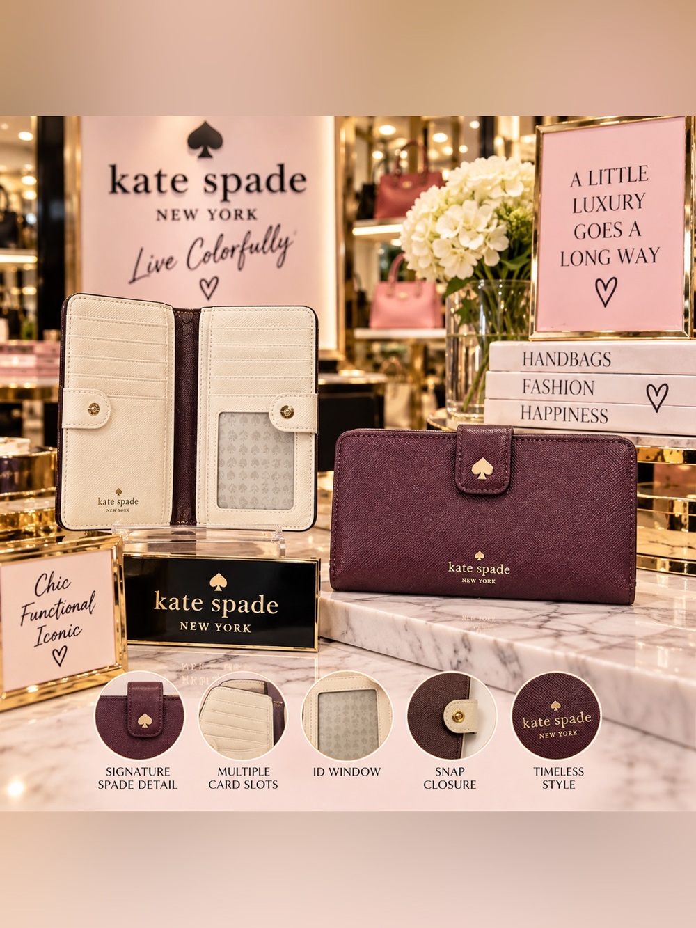 kate spade plum zip-around wallet with gold logo
